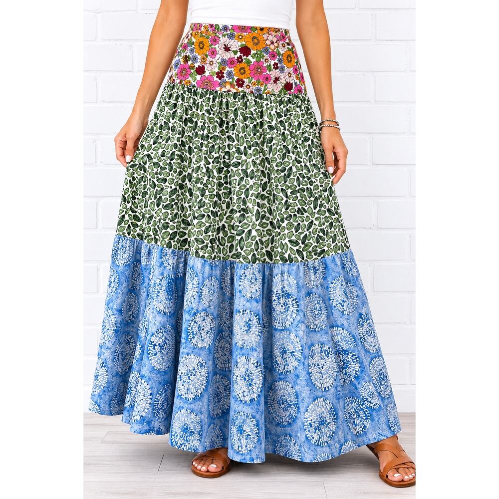 FOIL Patchwork Maxi/Midi Skirt Womens US 8 Boho Floral Leaf Print Tiered Cotton